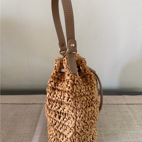 Woven Straw Bucket Bag with Tan Leather Trim - Picture 6 of 10